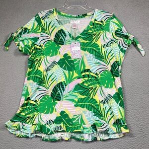 Stella Parker Top Women's Large Green Jungle Leaves Short Sleeve Tropical V Neck